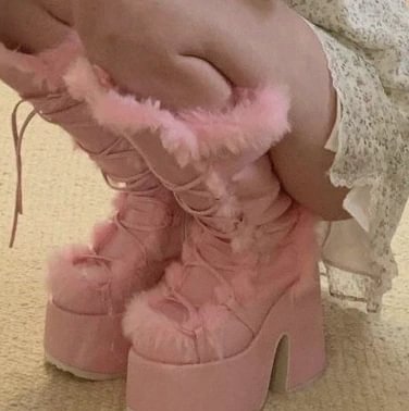Breakj White Fur High Platform Boots High Chunky Heel Round Toe Mid Calf Boots Elegant Women Casual Outfit Winter Cross Tied Shoes
