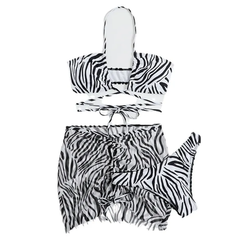 Brownm 2023 New Striped Print Drawstring With Three-Piece Swimsuit Bikini Swimsuit