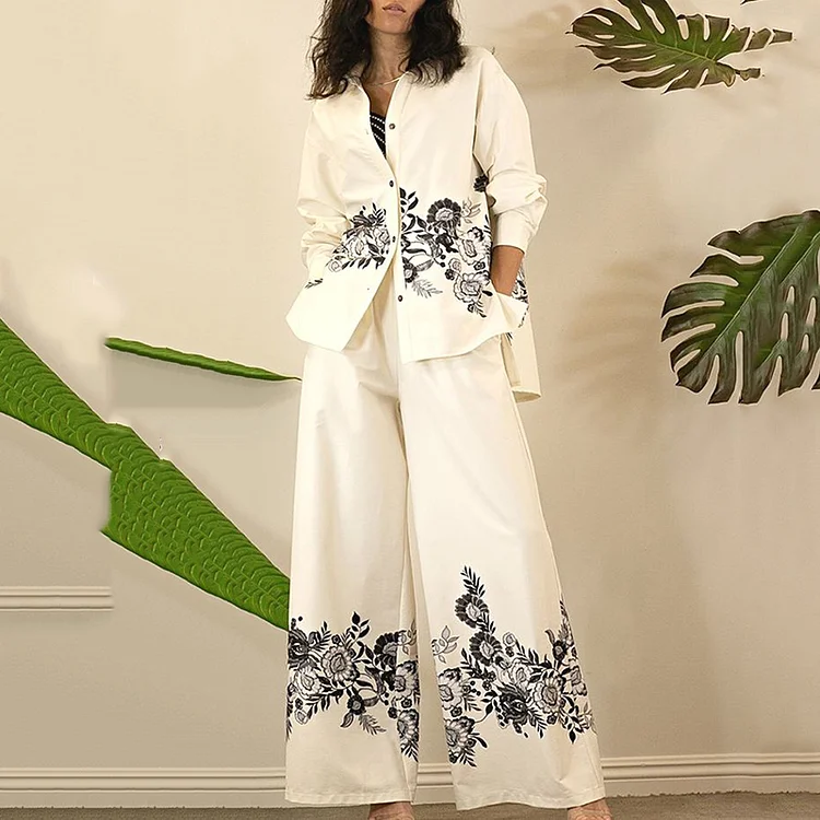 Casual Floral Print Shirt Two Piece Set