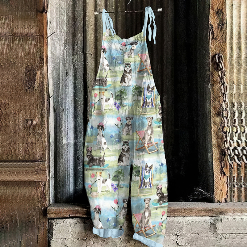 Vintage Cute Dog Japanese Art Print Loose Jumpsuit