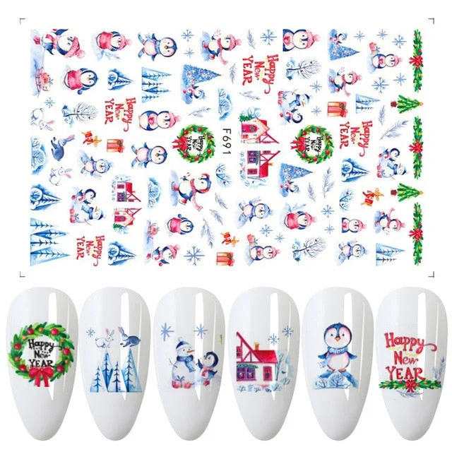 Merry Christmas 3D Nails Sticker Winter Cute Cartoon Sliders Snowflake Elk Xmas Tree Decal UV Gel Polisn Manicures Foils Decor-Nail Inspo
