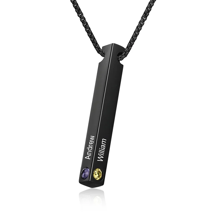 Vertical Bar Necklace Personalized 4 Names and Birthstones 3D Bar Necklace