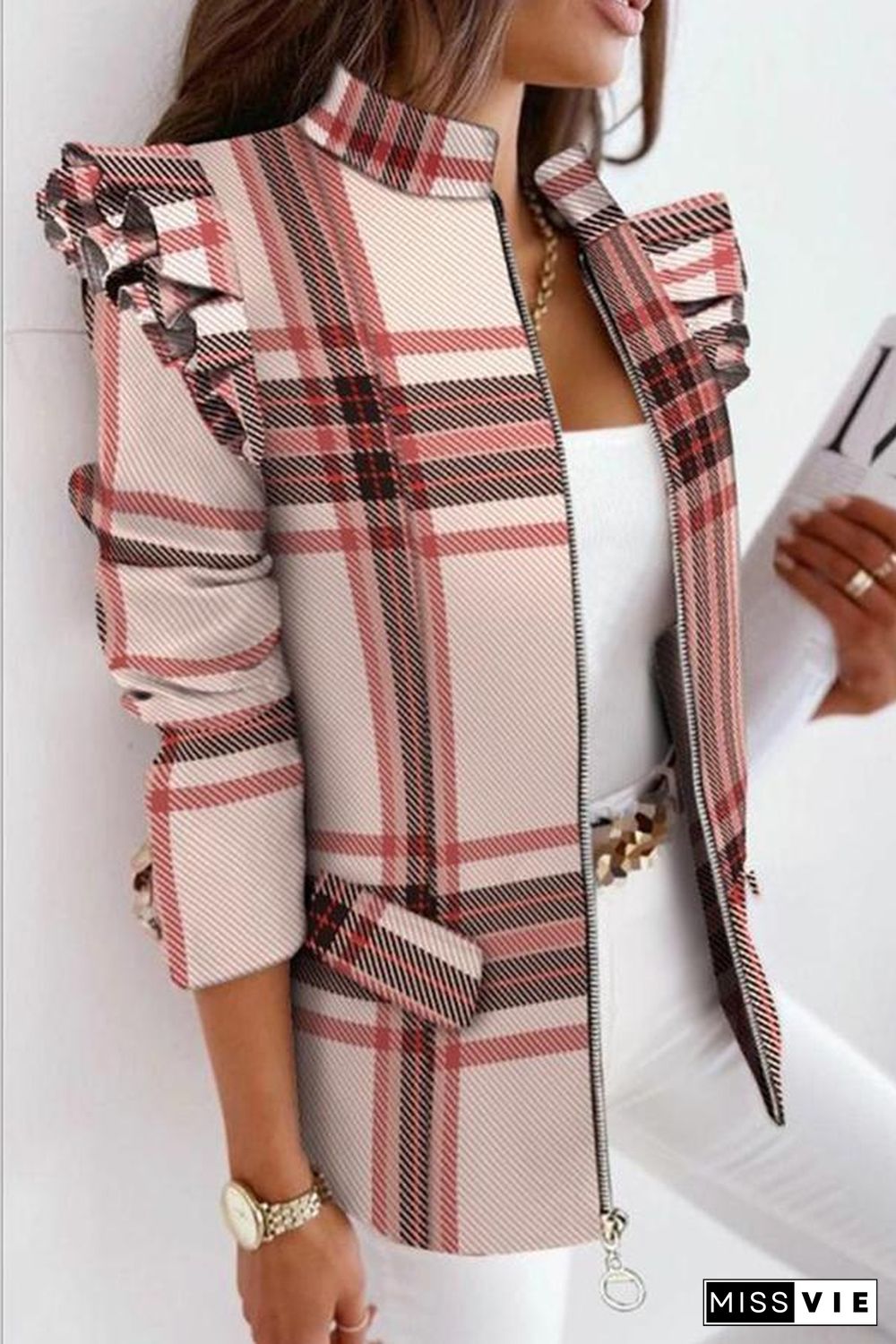 Melrose Plaid Print Ruffles Sleeve Zipper Up Coat