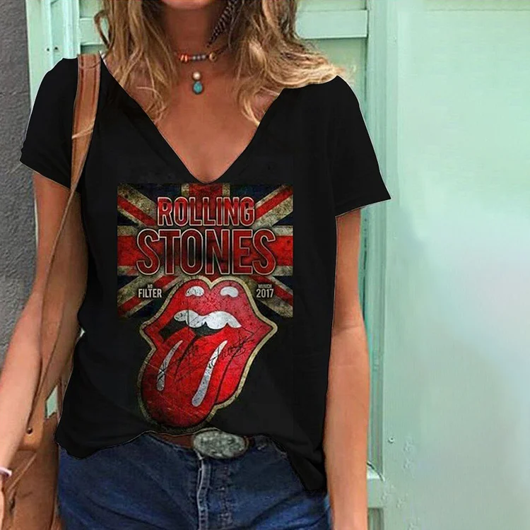 Rolling Stones Print V-Neck T-Shirt