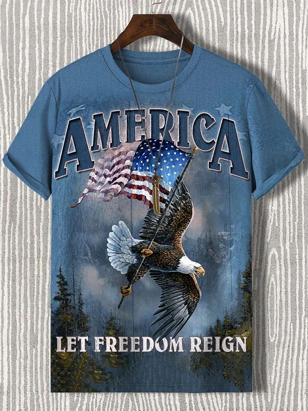 Men's America Let Freedom Reign Eagle Pattern Print Short Sleeve T-Shirt