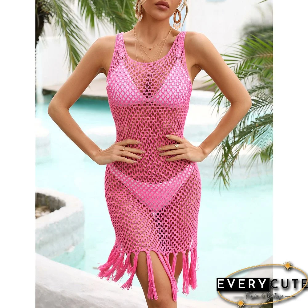 Rose Tassel Knitted Hollw-out Sleeveless Beach Cover
