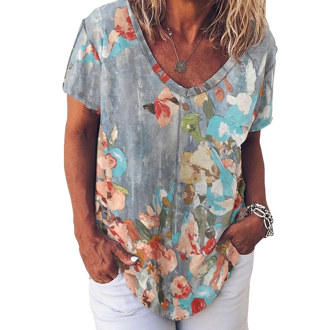 V-neck Short Sleeve Casual T-shirt for  Women Printed with Pattern Floral, Gray