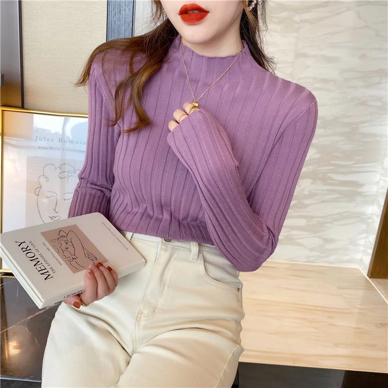 Uveng Uveng Winter Half-High Sweater Women Long Sleeve Pure Color Spring And Autumn Pit Stripe Loose Knitted Bottom Shirt