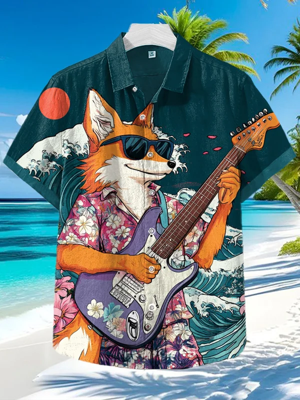 Men's Fox Playing Guitar Sea Wave Print Shirt