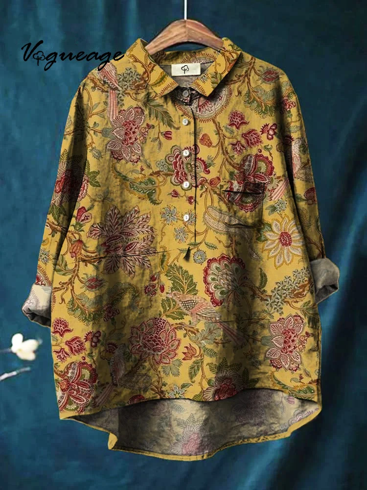 Flowers And Plants Cotton And Linen Shirt