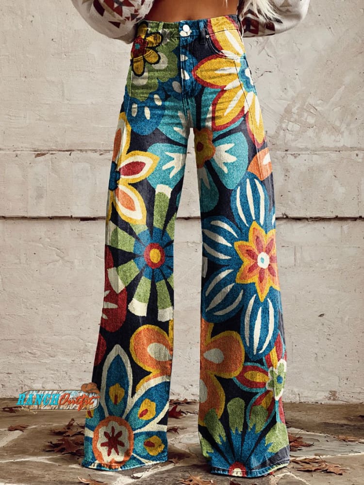 Women’s Vintage Wild West Print Casual Wide Leg Pants Multicolor / S
