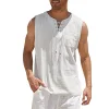Men's Casual Lace-Up Neck Chest Pocket Sleeveless Vest Tank Top by Inlyline