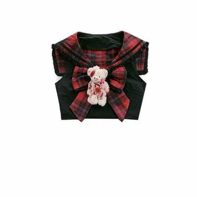 Black Pink Plaid Pleated Skirt Sweet Lolita Cake Mini Skirts Suit SP193