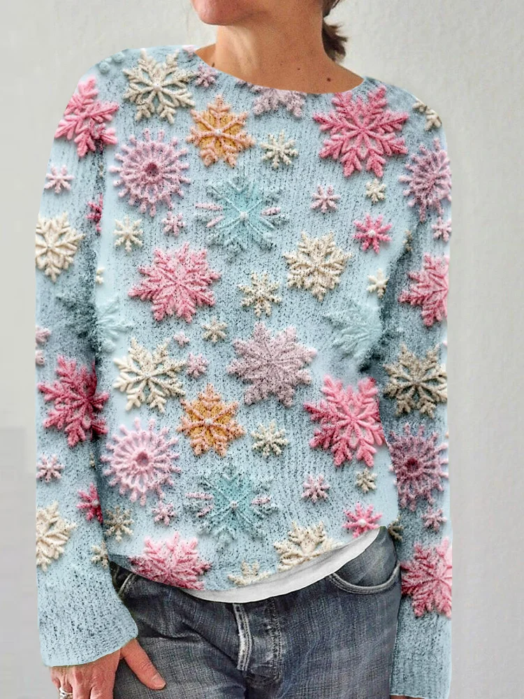 Kuscheliger Pullover mit Rundhalsausschnitt und pastellfarbenen Schneeflocken-Stickereien
