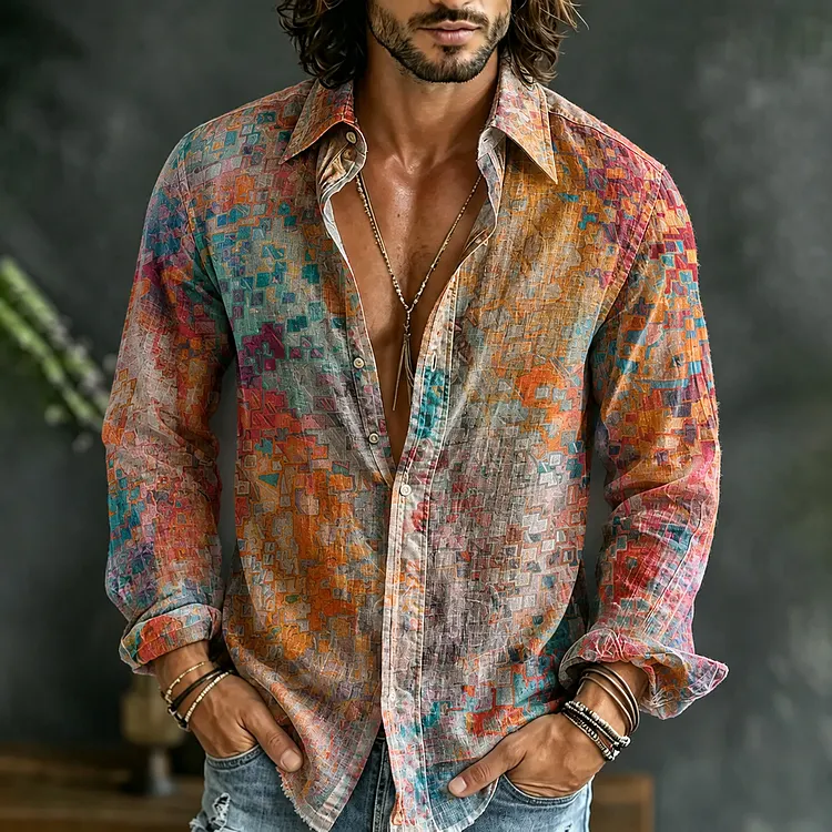 Men's Retro Oil Painting Style Lattice Gradient Art Print Linen Blend Long-sleeve Shirt