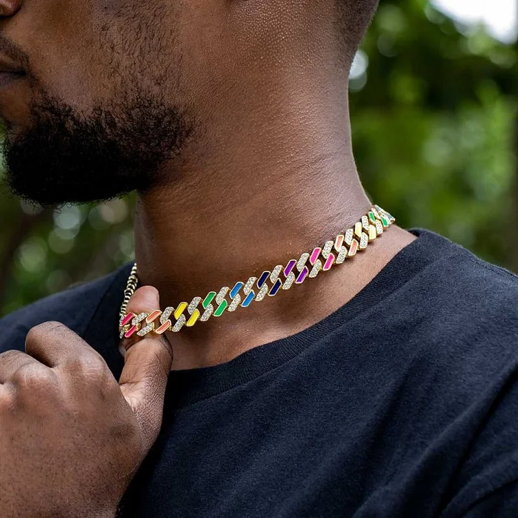 12MM Colorful Cuban Chain Necklace Hip-hop Jewelry-VESSFUL