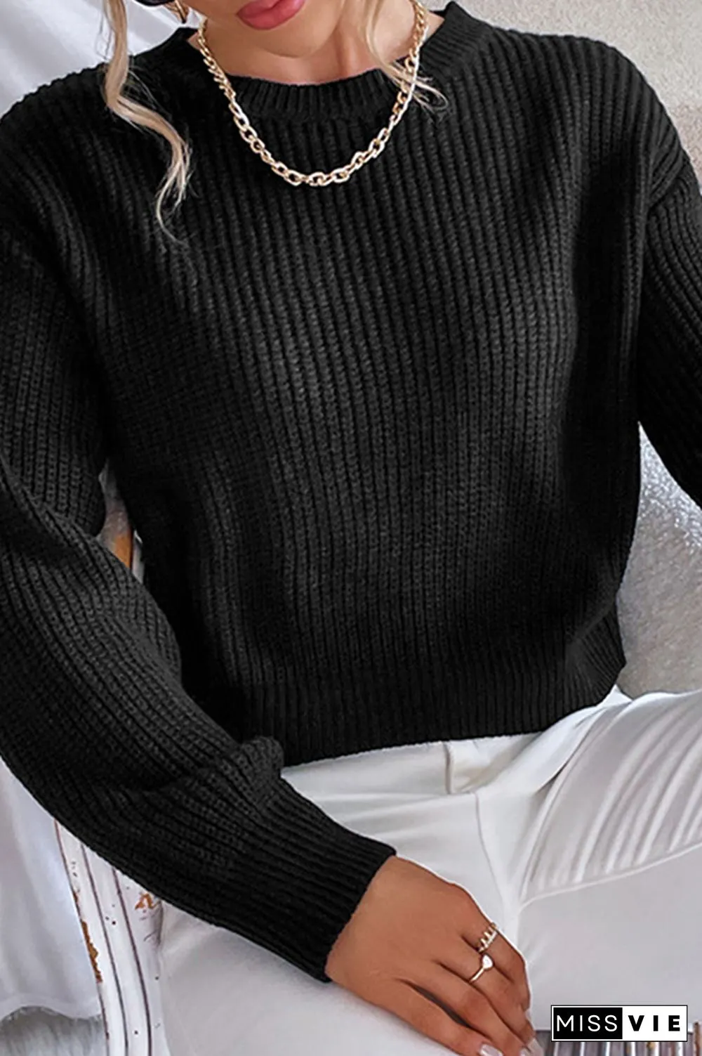Fashion Casual Solid Hollowed Out Strap Design O Neck Tops Sweater