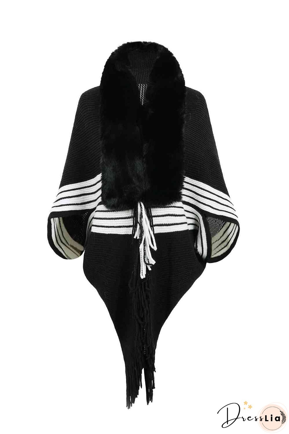 Striped Fringe Detail Long Sleeve Poncho