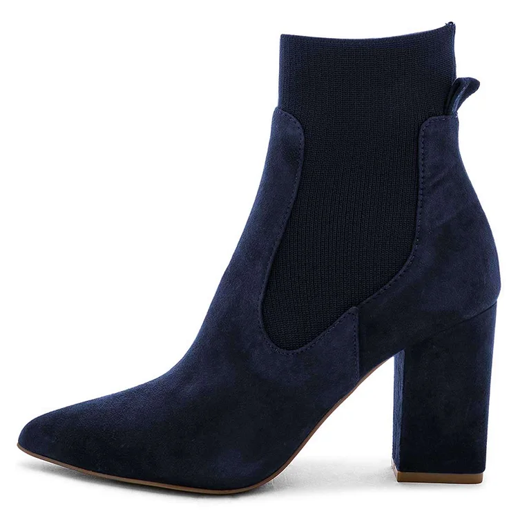 Navy Blue Suede Chelsea Boots with Chunky Heels Vdcoo