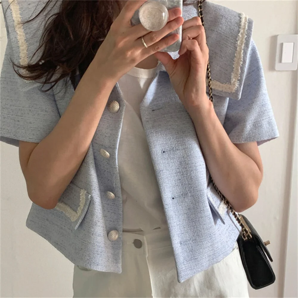 Jangj Alien Kitty Sailor Collar Women Coats Hot Tassel Patchwork Loose New Fashion Summer Short Sleeve Chic Elegant Office Lady Tops