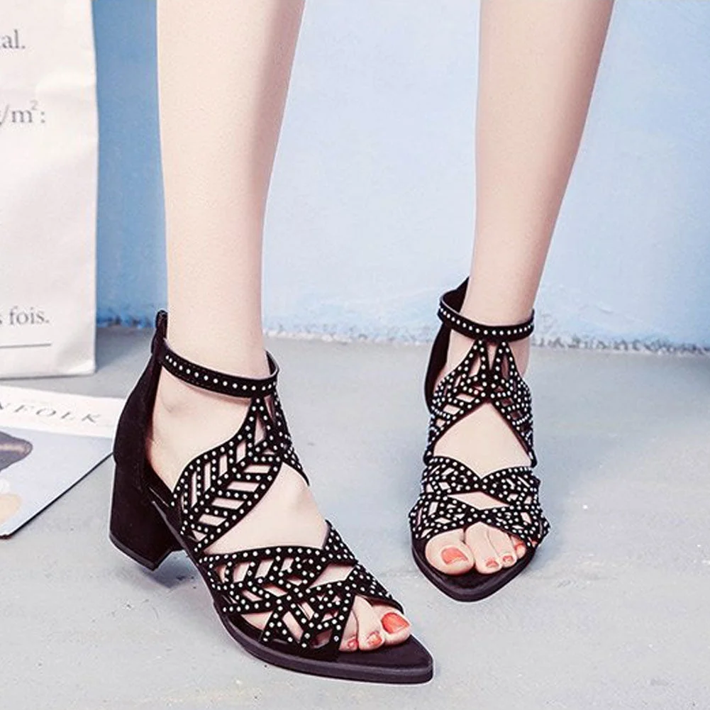 2020  New Style Women Summer Hollow Out Faux Leather Rhinestones Thick Heel Zipper Sandals Shoes Eur
