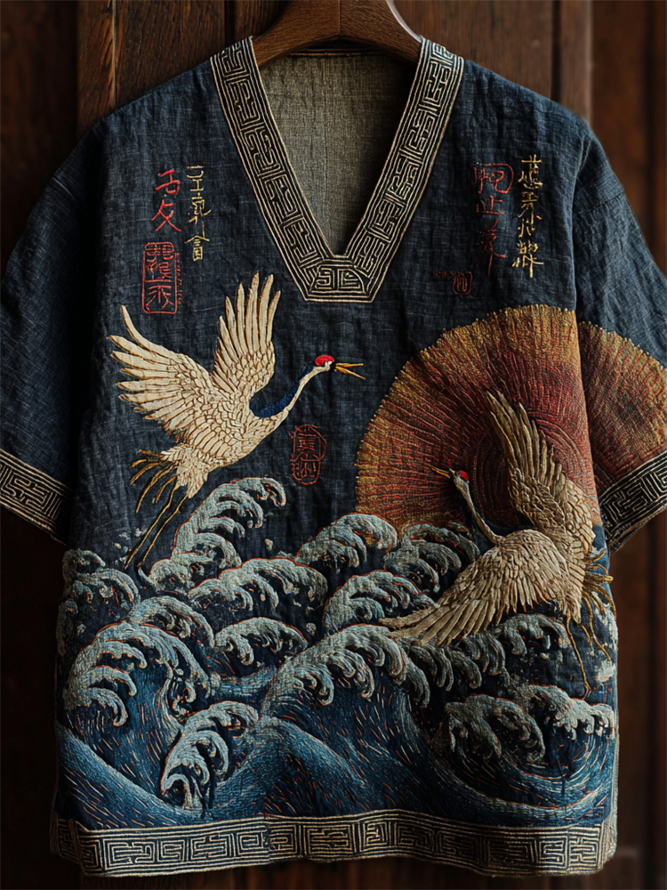 Men's Japanese Cranes & Sea Waves Sunrise Linen Shirt  artssus