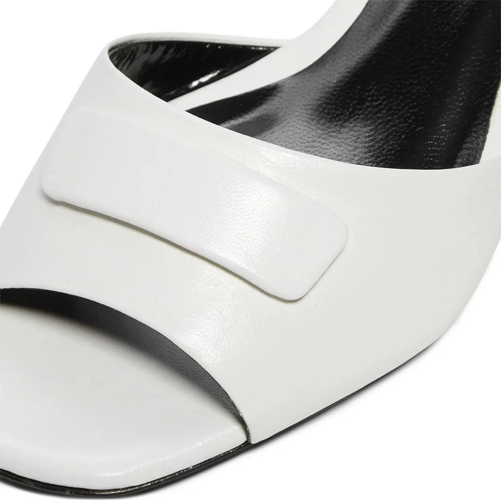 White Vegan Leather Wide Strap Square Toe Cone Heel Mules Shoes