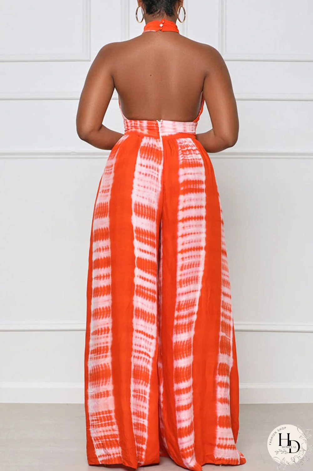 Red Casual Print Split Joint Backless Halter Straight Jumpsuits