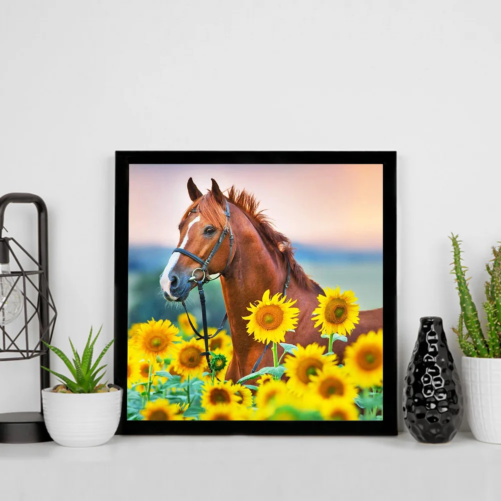Full Square Diamond Painting 35*35cm - Red Horse In Sunflower Field