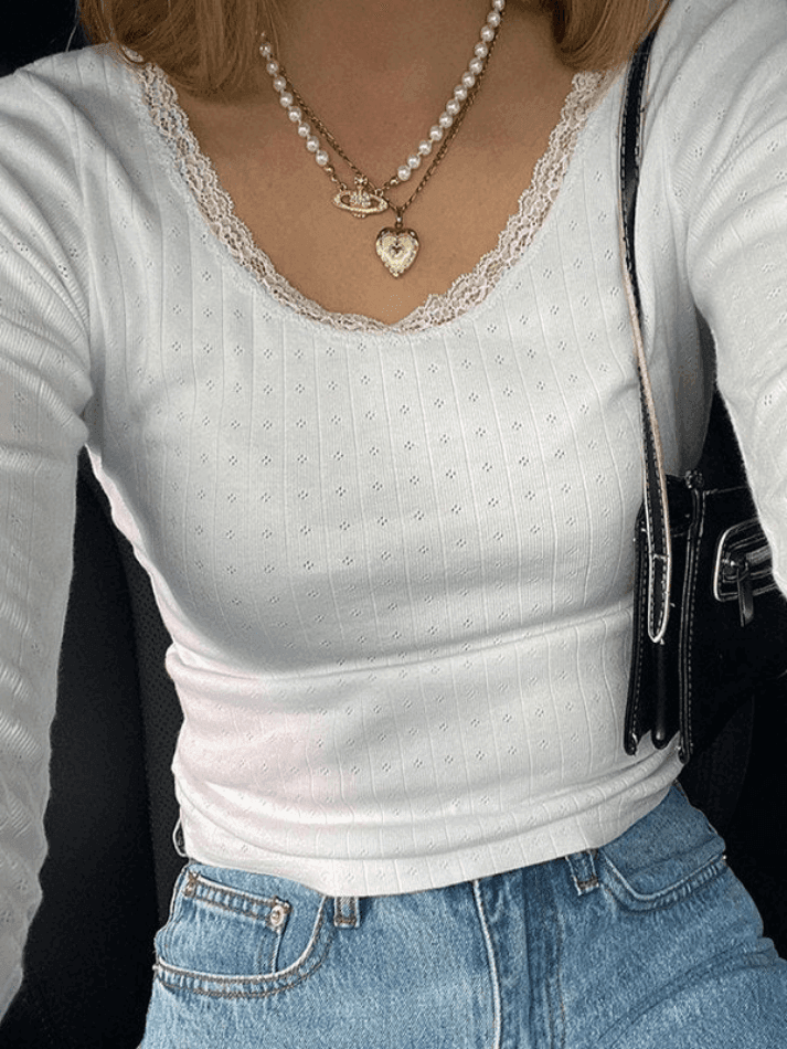 Brownm Lace Trim White Knit Top