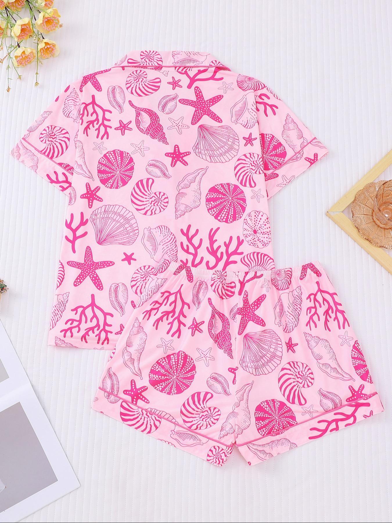 Women's All Over Shell Print Short Sleeve Pajama Two-piece Set, Elegant Casual Comfy Button Front Lapel Neck Top & Shorts Set, Ladies Sleepwear for All Seasons, Sleepwear Loungewear
