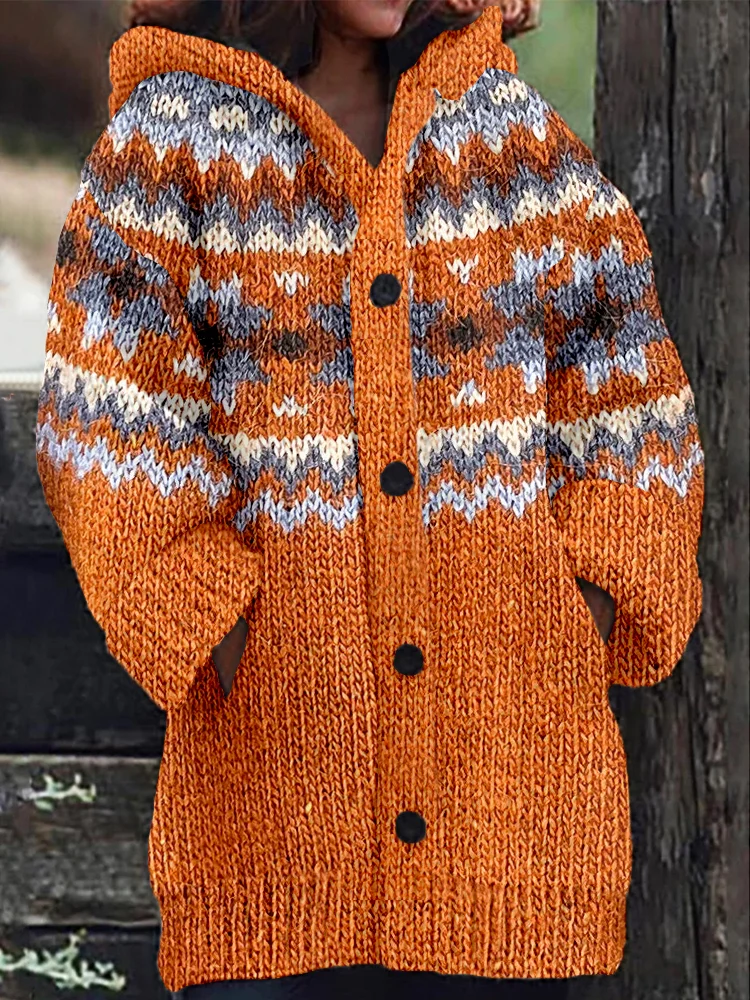 Utbros Vintage Fall Icelandic Pattern Cozy Hooded Cardigan