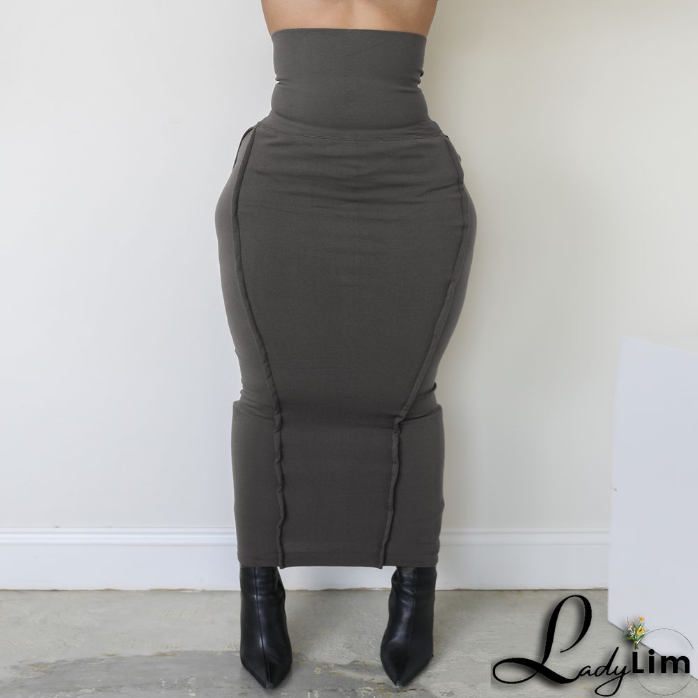 Women's Fashion Solid Color High Waist Elastic Tummy Control Patchwork Car Trim Maxi Dress