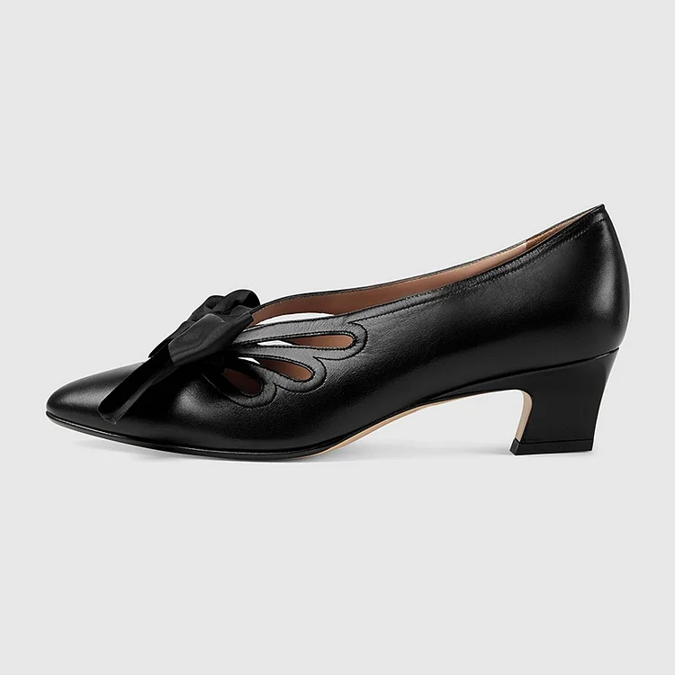 Black Bow Vintage Shoes Hollow Out Chunky Heel Pumps |FSJ Shoes