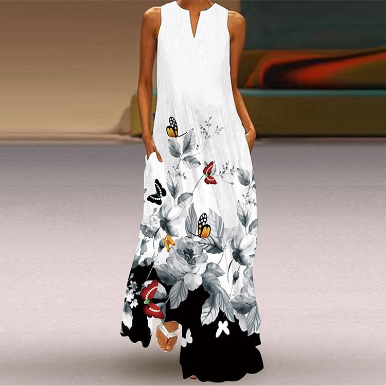 Comstylish Utterfly Floral Print Sleeveless Maxi Dress