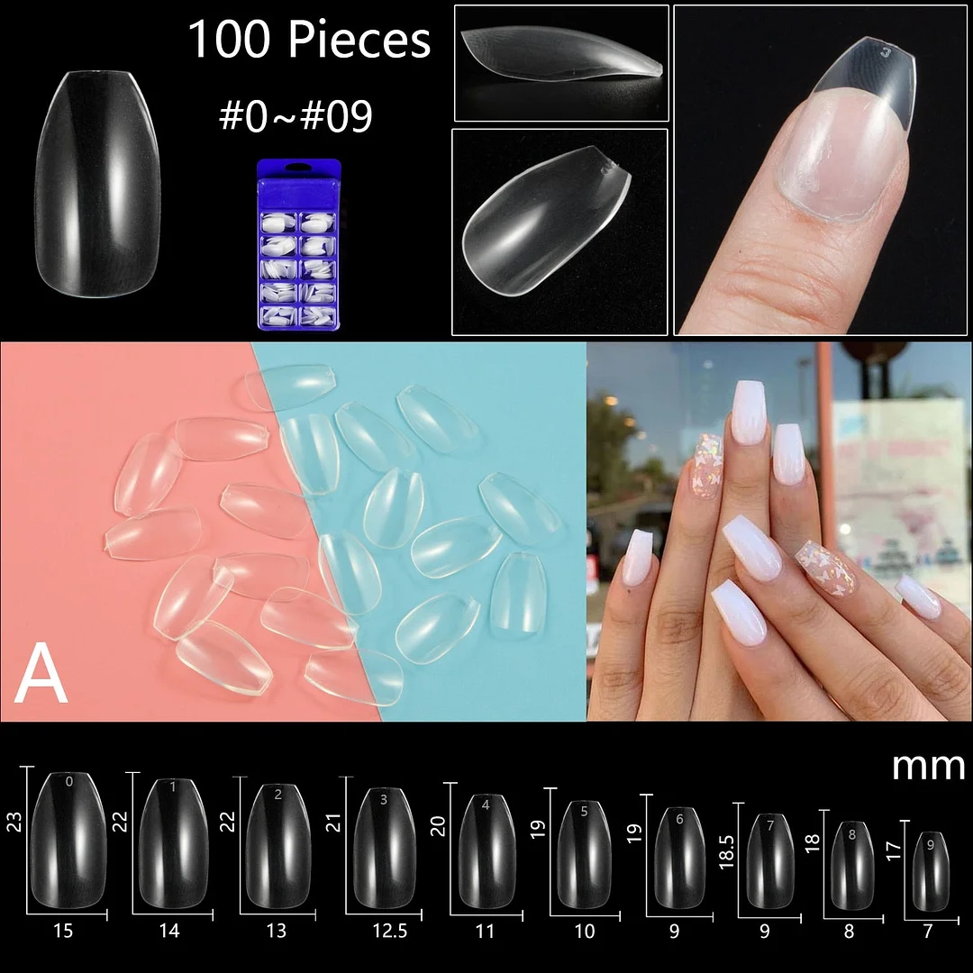 100pcs/set 10 Sizes Full Cover False Nail Tips Ballerina Coffin Fake Nails Square Stiletto French Acrylic Press On Nails-Nail Inspo
