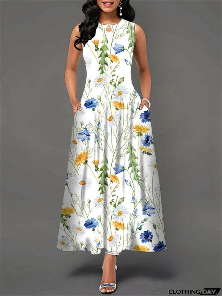 Graceful Floral Sleeveless Swing Long Dresses