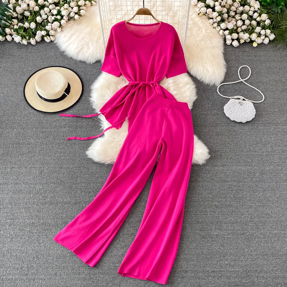 Ueong Suit Goddess Fan Irregular Round Collar Knit Blouse Two-Piece Set Of High Waist Thin Wide Leg Trousers