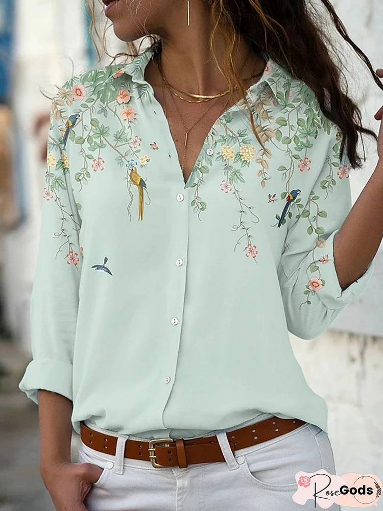 Shirt Collar Floral Floral-Print Long Sleeve Blouse