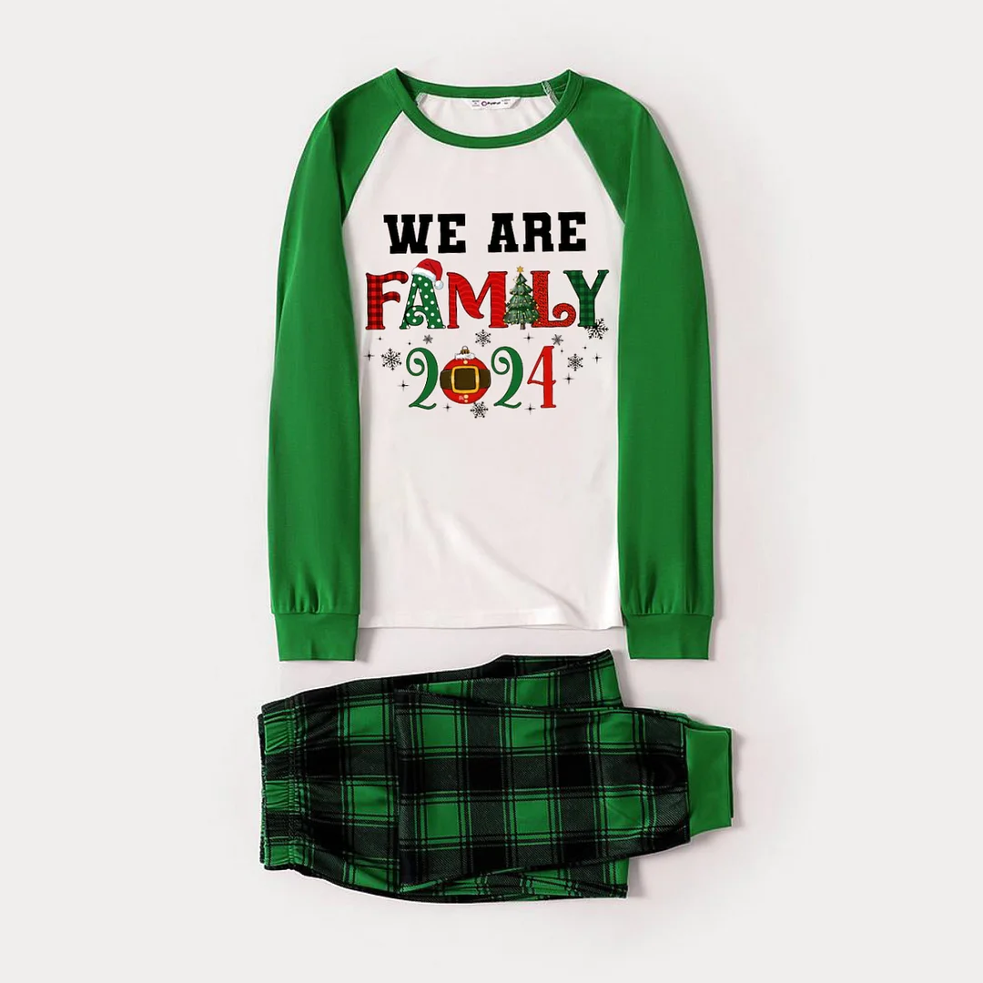 We are Family 2024 Print Long Sleeve Top With Green & Black Plaid Christmas Family Matching Pajamas