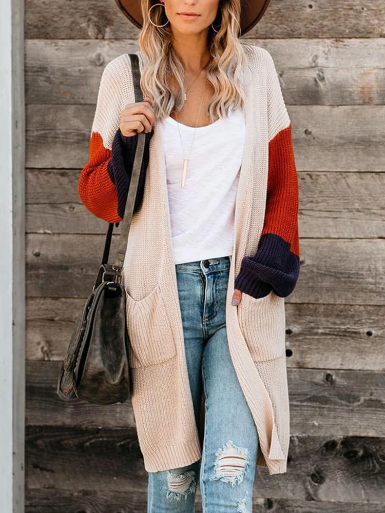 Pocket Matching Color Sleeve Long Cardigan