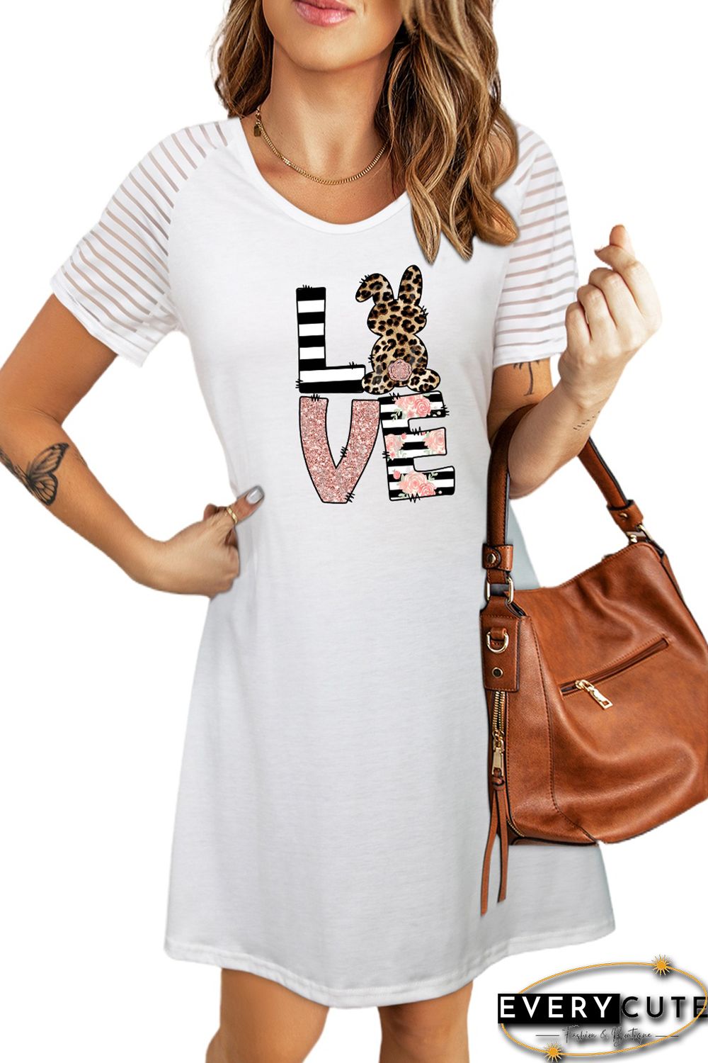 White LOVE Rabbit Leopard Striped Print Short Sleeve T-shirt