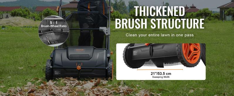 Product Introduction of VEVOR Push Lawn Sweeper, Various specifications, Leaf & Grass Collector, Strong Rubber Wheels & Heavy Duty Thickened Steel Durable to Use with Large Capacity. Mesh Collection Hopper Bag, Spinning Brushes 4