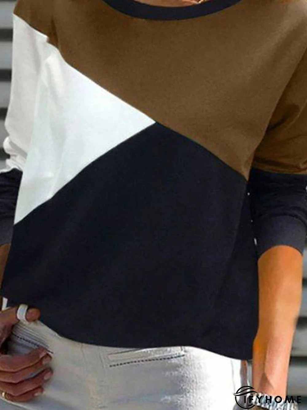 Multicolor Paneled Round Neck Casual Long Sleeve Top | IFYHOME