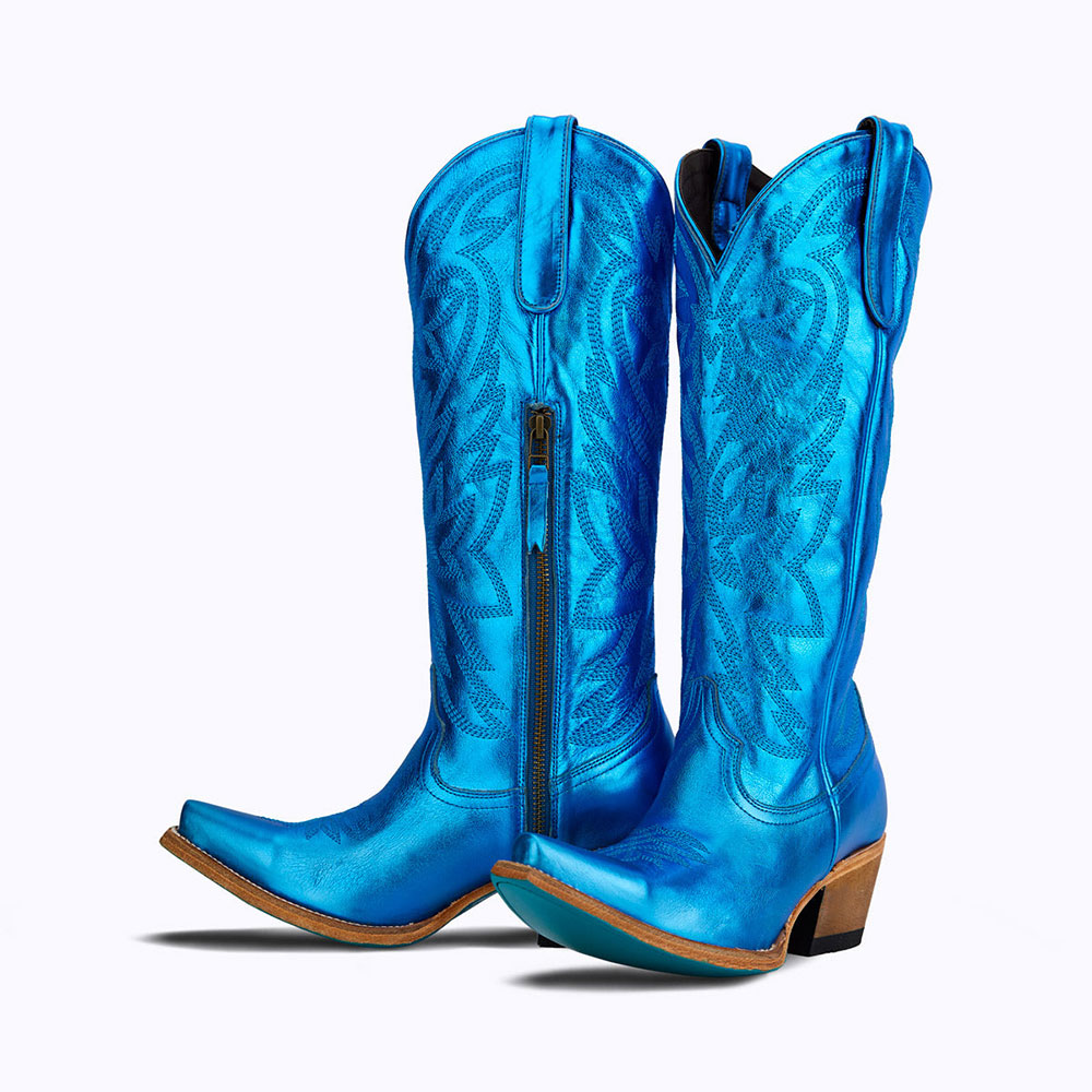 Blue Metallic Snip Toe Chunky Heel Knee-High Cowgirl Boots with Zipper Nicepairs
