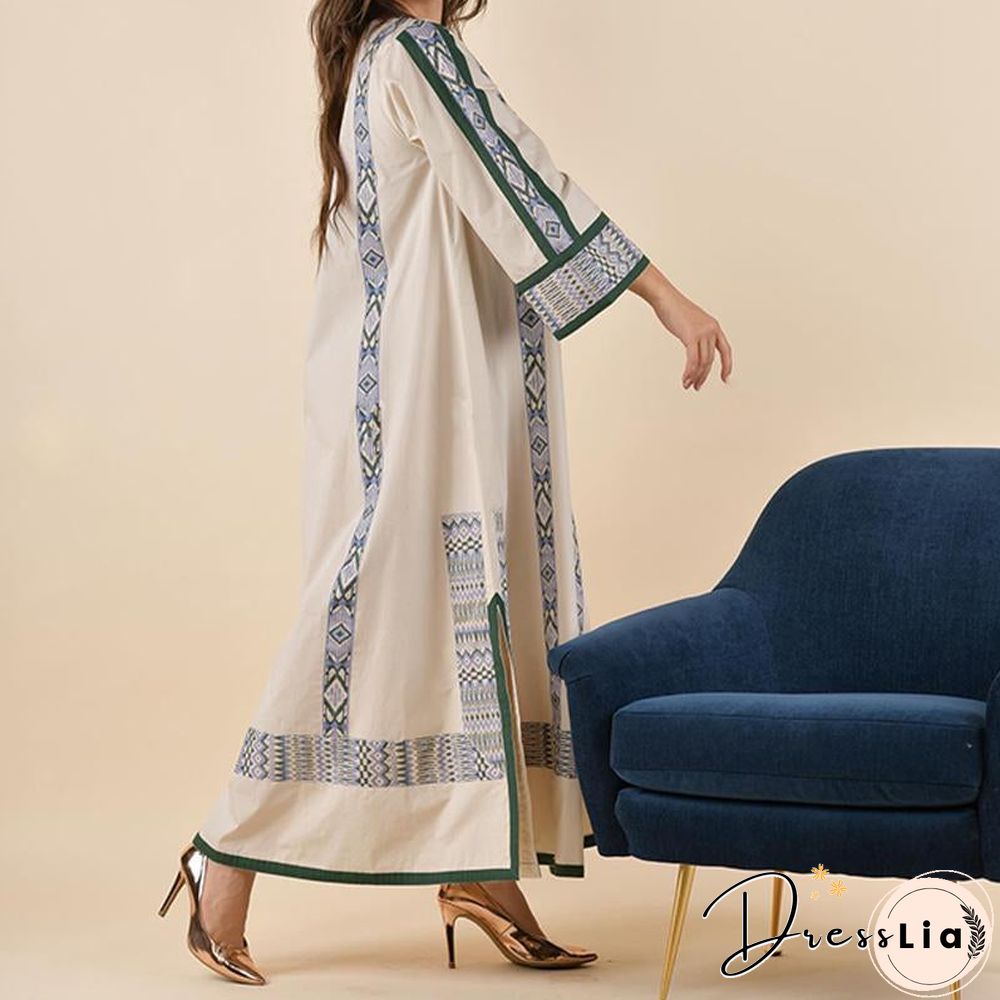 V Neck Green Printed Slit Maxi Dress