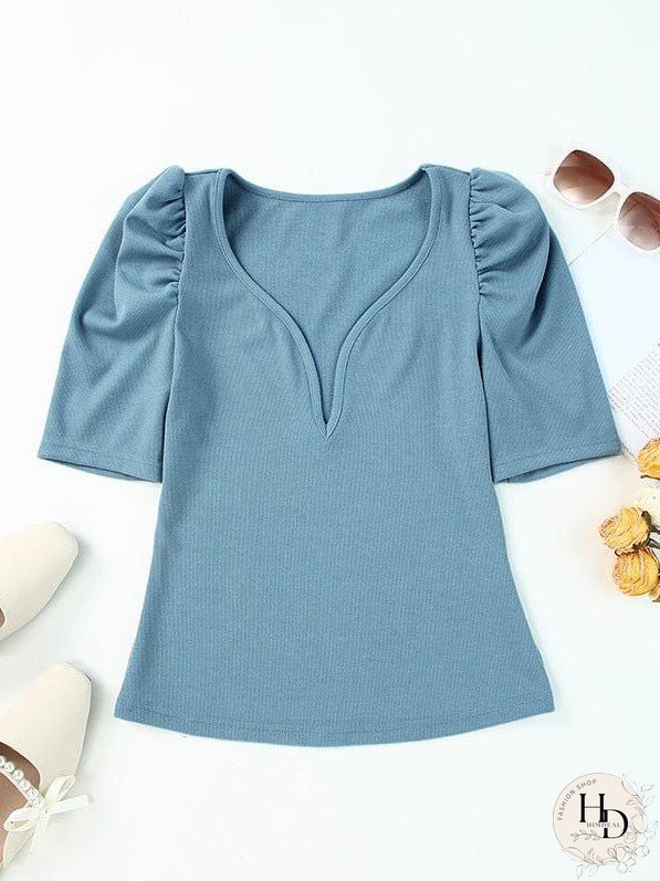 Stylish Women'S V-Neck Puff Sleeve Slim Fit T-Shirt With Short Sleeves