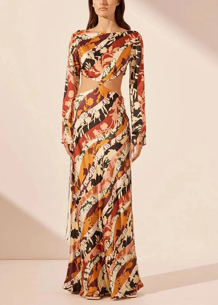 Stylish Print Hollow Out Slim Fit Cotton Long Dresses Fall