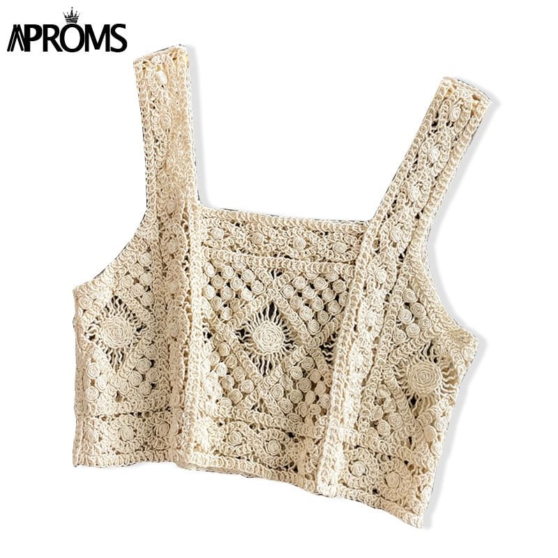 Aproms Boho Solid Floral Crochet Knitted Tank Tops Women Spaghetti Strap Hollow Out Camis Lady Casual Beach Sleeveless Crop Top