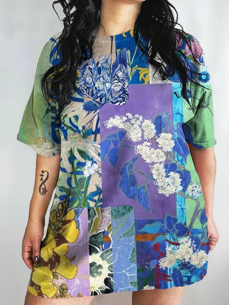 Women's Flower Art Print Crew Neck Causl Shirt